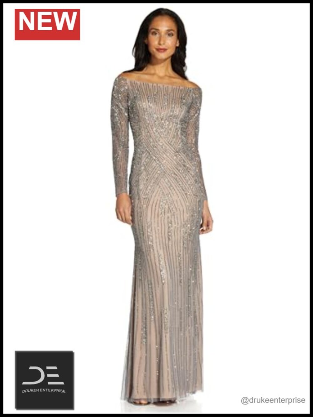 Off Shoulder Beaded Mesh Mermaid Gown Long Sleeve Floor Length